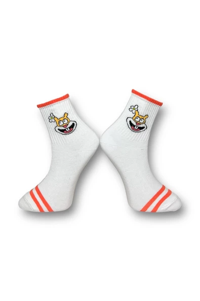 Me-vo Tekli Beyaz Renkli Bay/Bayan Unisex Esnek Nem Alabilen Pamuklu Çizgi Film Karakterli Soket Çorap - Resim 2