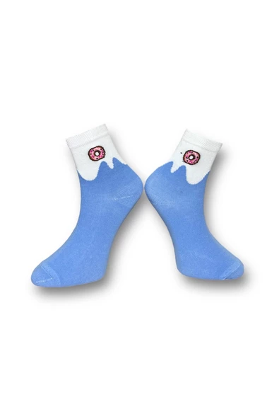Me-vo Tekli Mavi Renkli Bay/Bayan Unisex Esnek Nem Alabilen Pamuklu Donat Desenli Soket Çorap - 2
