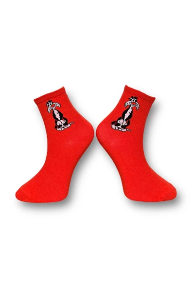 Me-vo Tekli Kırmızı Renkli Bay/Bayan Unisex Esnek Nem Alabilen Pamuklu Çizgi Film Karakterli Soket Çorap - Resim 2