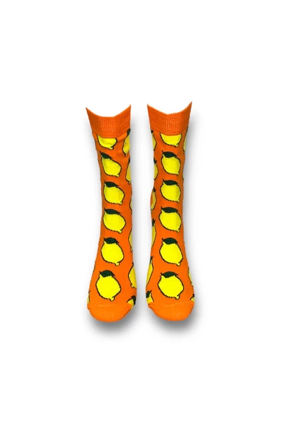 Me-vo Tekli Turuncu Renkli Bay/Bayan Unisex Esnek Nem Alabilen Pamuklu Limon Desenli Soket Çorap - Resim 3