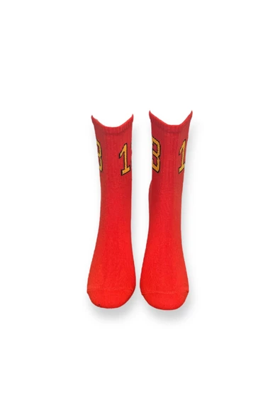 Me-vo Tekli Kırmızı Renkli Bay/Bayan Unisex Esnek Nem Alabilen Pamuklu Sayı İşlemeli Soket Çorap - Resim 3