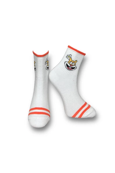 Me-vo Tekli Beyaz Renkli Bay/Bayan Unisex Esnek Nem Alabilen Pamuklu Çizgi Film Karakterli Soket Çorap ürün görseli