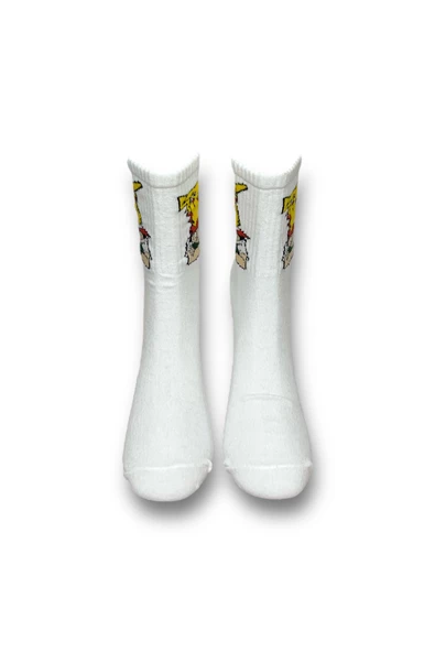 Me-vo Tekli Beyaz Renkli Bay/Bayan Unisex Esnek Nem Alabilen Pamuklu Çizgi Film Karakterli Soket Çorap - Resim 3