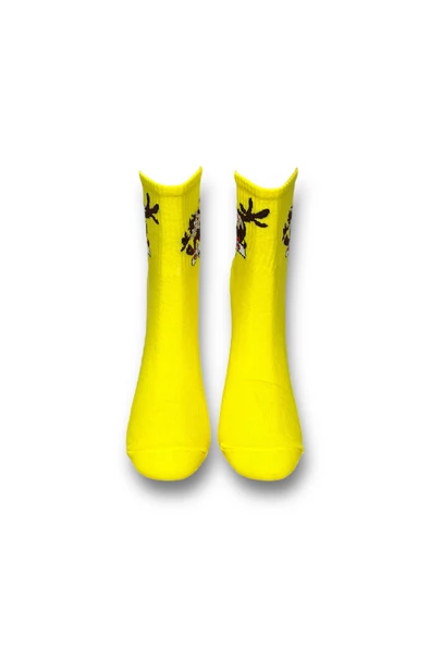 Me-vo Tekli Sarı Renkli Bay/Bayan Unisex Esnek Nem Alabilen Pamuklu Çizgi Film Karakterli Soket Çorap - Resim 3