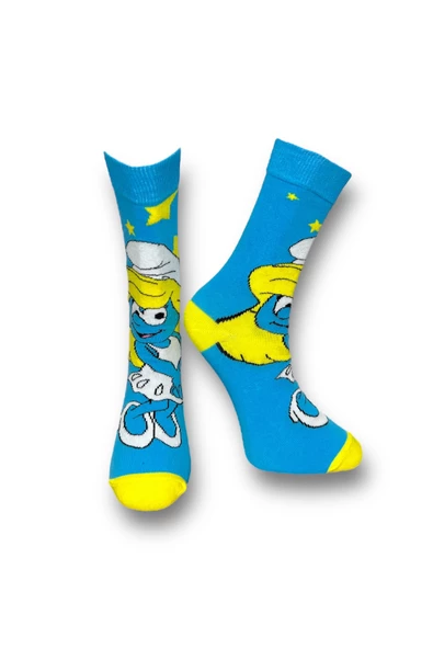 Me-vo Tekli Mavi Renkli Bay/Bayan Unisex Esnek Nem Alabilen Pamuklu Çizgi Film Karakterli Soket Çorap - Resim 2