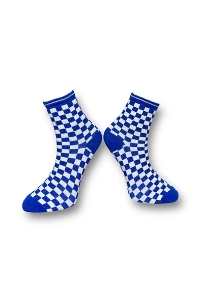 Me-vo Tekli Mavi Renkli Bay/Bayan Unisex Esnek Nem Alabilen Pamuklu Dama Desenli Soket Çorap - Resim 2