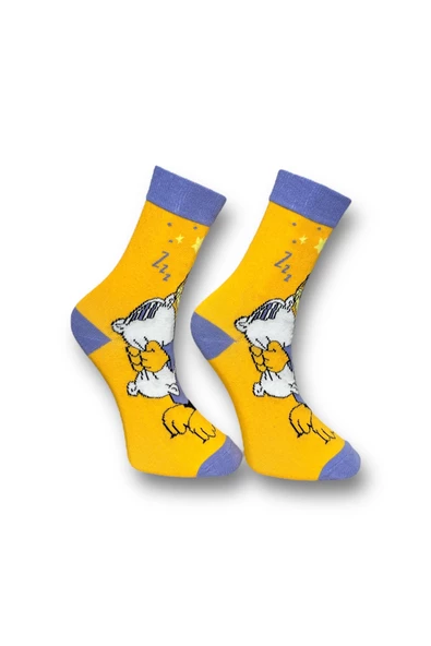 Me-vo Tekli Turuncu Renkli Bay/Bayan Unisex Esnek Nem Alabilen Pamuklu Çizgi Film Karakterli Soket Çorap - Resim 3