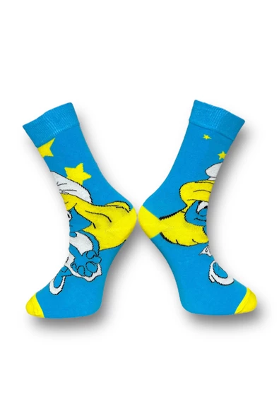 Me-vo Tekli Mavi Renkli Bay/Bayan Unisex Esnek Nem Alabilen Pamuklu Çizgi Film Karakterli Soket Çorap - Resim 3
