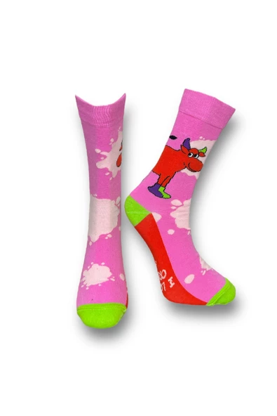 Me-vo Tekli Pembe Renkli Bay/Bayan Unisex Esnek Nem Alabilen Pamuklu İnek Desenli Soket Çorap
