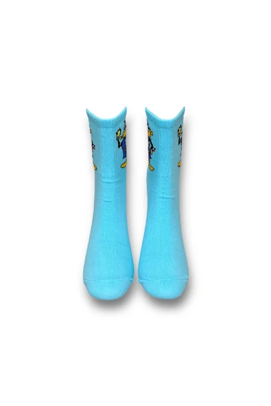 Me-vo Tekli Mavi Renkli Bay/Bayan Unisex Esnek Nem Alabilen Pamuklu Çizgi Film Karakterli Soket Çorap - Resim 3
