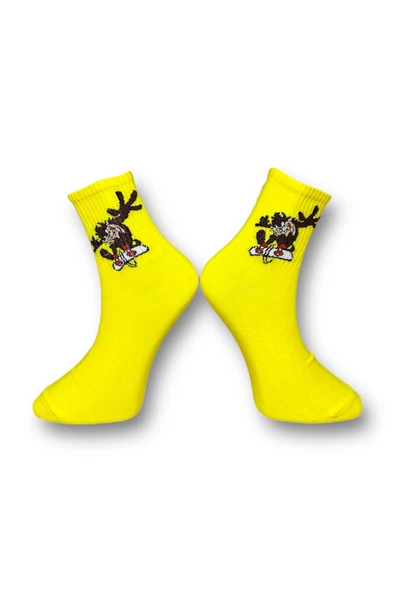 Me-vo Tekli Sarı Renkli Bay/Bayan Unisex Esnek Nem Alabilen Pamuklu Çizgi Film Karakterli Soket Çorap - Resim 2