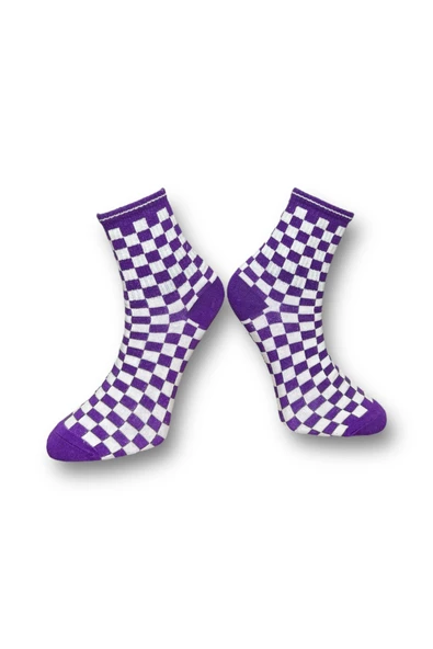 Me-vo Tekli Mor Renkli Bay/Bayan Unisex Esnek Nem Alabilen Pamuklu Dama Desenli Soket Çorap - Resim 2