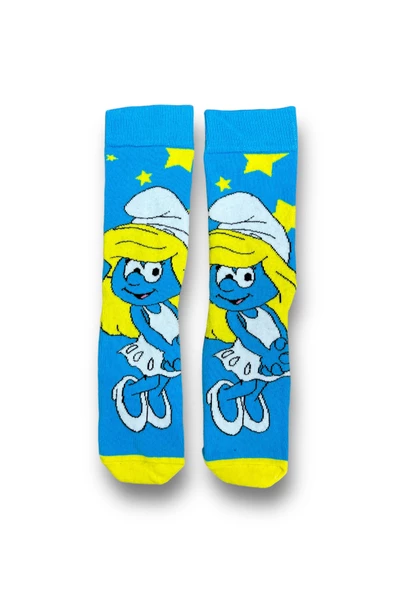 Me-vo Tekli Mavi Renkli Bay/Bayan Unisex Esnek Nem Alabilen Pamuklu Çizgi Film Karakterli Soket Çorap - Resim 4