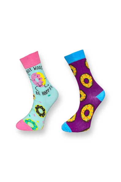 Me-vo  2'li Çok Renkli Bay/Bayan Unisex Esnek Nem Alabilen Pamuklu Donut Desenli Soket Çoraplar