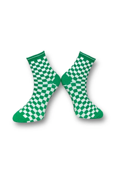 Me-vo Tekli Yeşil Renkli Bay/Bayan Unisex Esnek Nem Alabilen Pamuklu Dama Desenli Soket Çorap - Resim 2