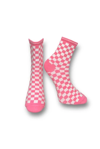 Me-vo Tekli Pembe Renkli Bay/Bayan Unisex Esnek Nem Alabilen Pamuklu Dama Desenli Soket Çorap