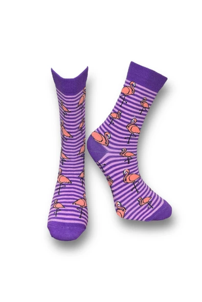 Me-vo  2'li Çok Renkli Bay/Bayan Unisex Esnek Nem Alabilen Pamuklu Flamingo Desenli Soket Çoraplar - Resim 2