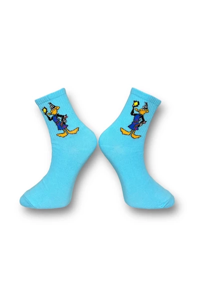 Me-vo Tekli Mavi Renkli Bay/Bayan Unisex Esnek Nem Alabilen Pamuklu Çizgi Film Karakterli Soket Çorap - Resim 2