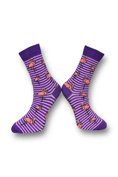 Me-vo  2'li Çok Renkli Bay/Bayan Unisex Esnek Nem Alabilen Pamuklu Flamingo Desenli Soket Çoraplar - Resim 3