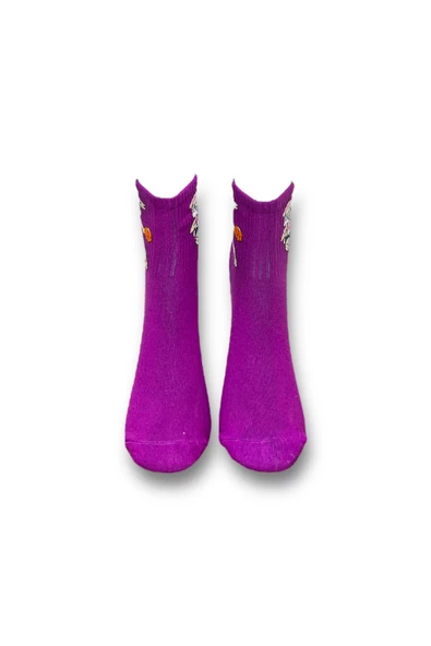 Me-vo Tekli Mor Renkli Bay/Bayan Unisex Esnek Nem Alabilen Pamuklu Çizgi Film Karakterli Soket Çorap - Resim 3