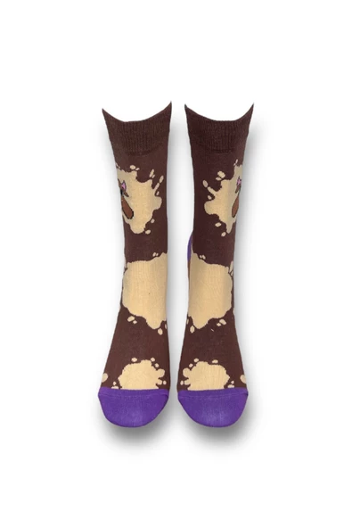 Me-vo Tekli Kahverengi Renkli Bay/Bayan Unisex Esnek Nem Alabilen Pamuklu İnek Desenli Soket Çorap - Resim 3