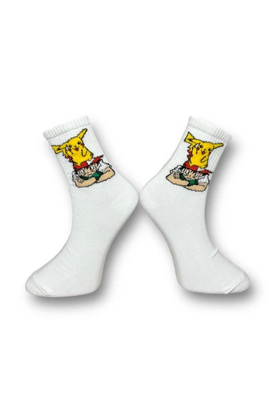 Me-vo Tekli Beyaz Renkli Bay/Bayan Unisex Esnek Nem Alabilen Pamuklu Çizgi Film Karakterli Soket Çorap - Resim 2