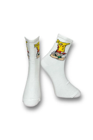 Me-vo Tekli Beyaz Renkli Bay/Bayan Unisex Esnek Nem Alabilen Pamuklu Çizgi Film Karakterli Soket Çorap ürün görseli