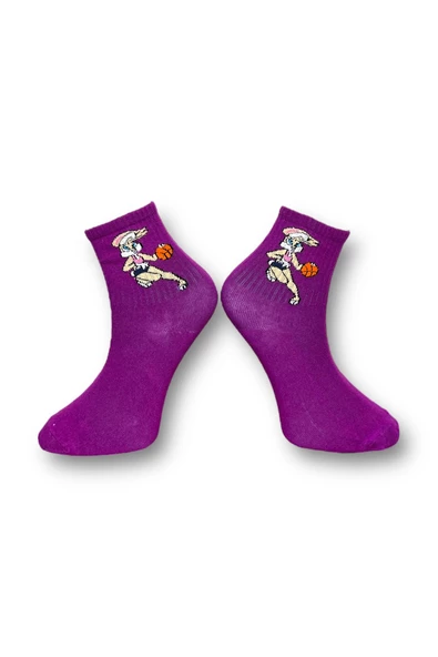 Me-vo Tekli Mor Renkli Bay/Bayan Unisex Esnek Nem Alabilen Pamuklu Çizgi Film Karakterli Soket Çorap - Resim 2