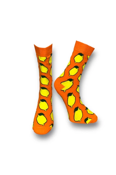 Me-vo  3'lü Çok Renkli Bay/Bayan Unisex Esnek Nem Alabilen Pamuklu Limon Desenli Soket Çoraplar - Resim 2