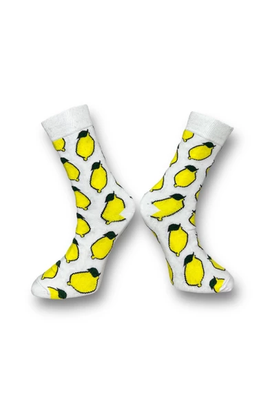 Me-vo  3'lü Çok Renkli Bay/Bayan Unisex Esnek Nem Alabilen Pamuklu Limon Desenli Soket Çoraplar - Resim 5