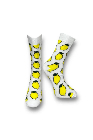 Me-vo  3'lü Çok Renkli Bay/Bayan Unisex Esnek Nem Alabilen Pamuklu Limon Desenli Soket Çoraplar - Resim 4