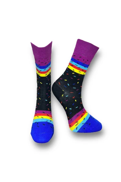 Me-vo  3'lü Çok Renkli Bay/Bayan Unisex Esnek Nem Alabilen Pamuklu Donut Desenli Soket Çoraplar - Resim 2