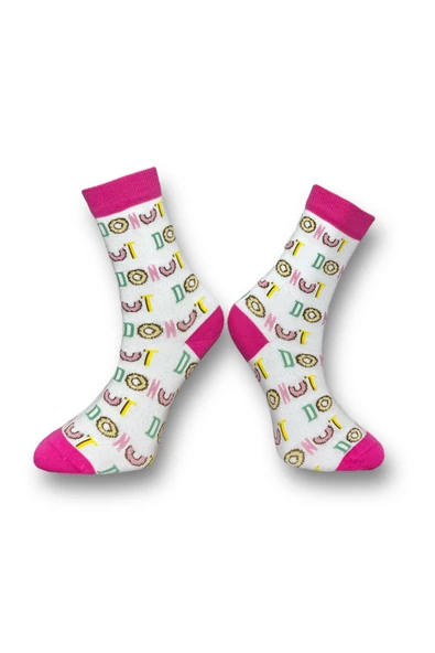 Me-vo  3'lü Çok Renkli Bay/Bayan Unisex Esnek Nem Alabilen Pamuklu Donut Desenli Soket Çoraplar - Resim 5