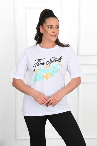 Kadın Büyük Beden Free Spirit Baskılı T-Shirt 1576-23 - 12