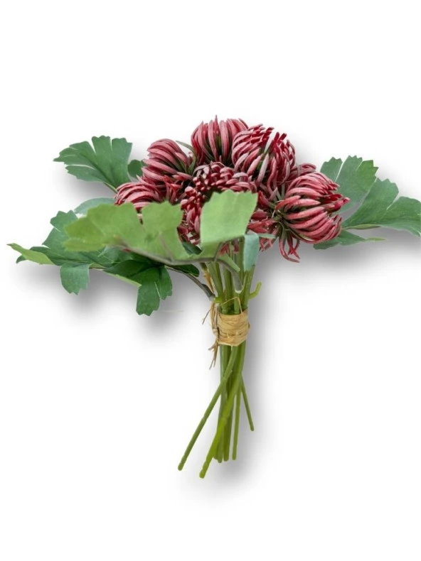 Nettenevime Yapay Çiçek Doğmamış Kırmızı Krizantem Demeti 5 Dallı Gelin Çiçeği Ve Aranjman Aradal Çiçeği 24cm - 4