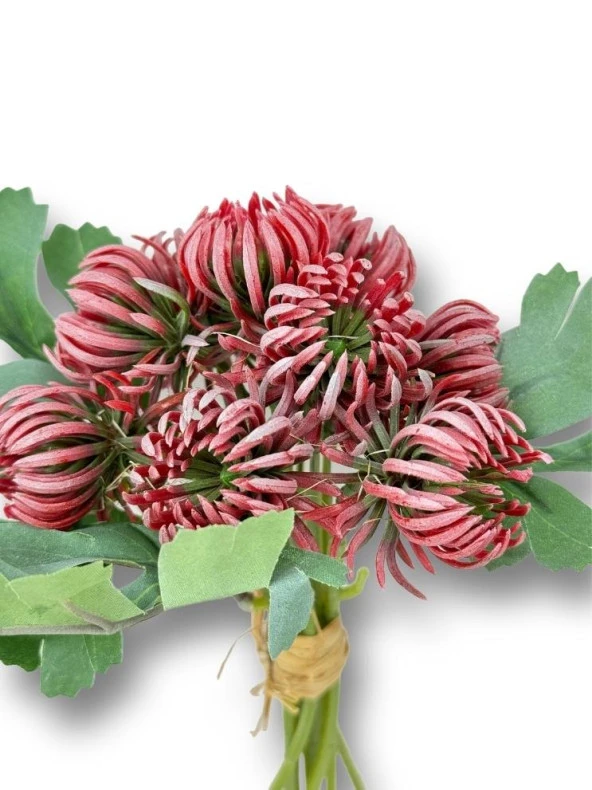 Nettenevime Yapay Çiçek Doğmamış Kırmızı Krizantem Demeti 5 Dallı Gelin Çiçeği Ve Aranjman Aradal Çiçeği 24cm - 5