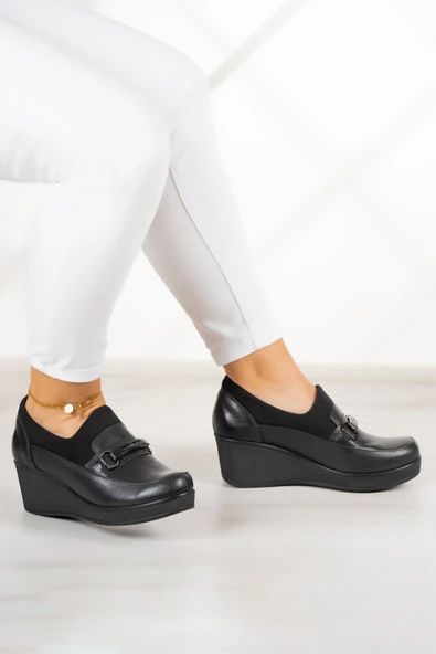 Erkan Saçmacı Catherine Siyah Hakiki Dana Derisi Dolgu Topuklu Streç Günlük Ayakkabı - Resim 5