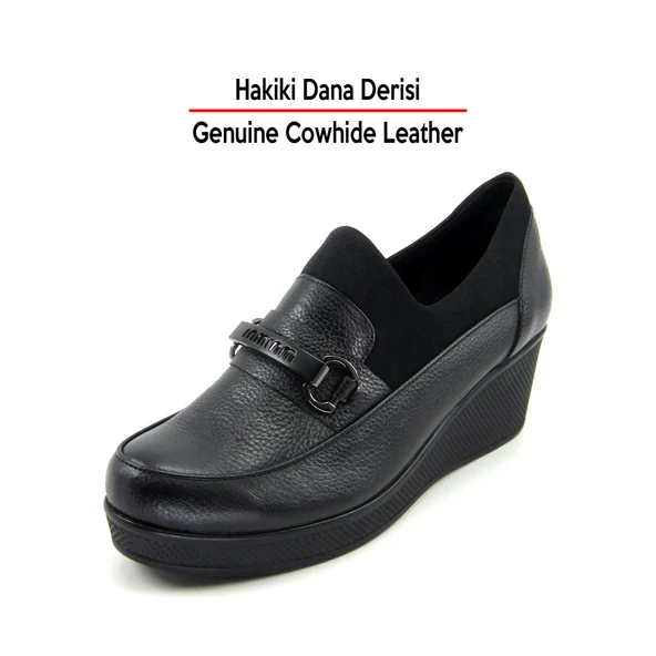 Erkan Saçmacı Catherine Siyah Hakiki Dana Derisi Dolgu Topuklu Streç Günlük Ayakkabı - Resim 6