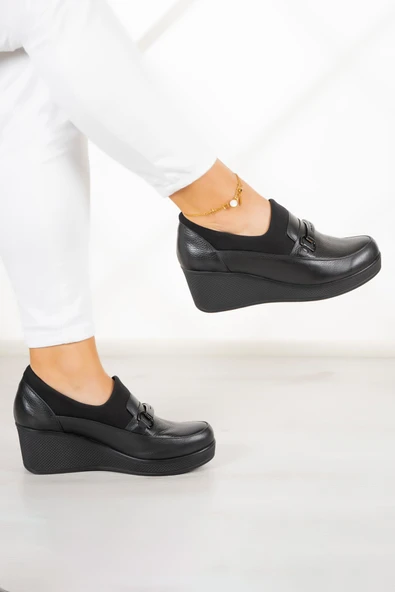 Erkan Saçmacı Catherine Siyah Hakiki Dana Derisi Dolgu Topuklu Streç Günlük Ayakkabı ürün görseli 1