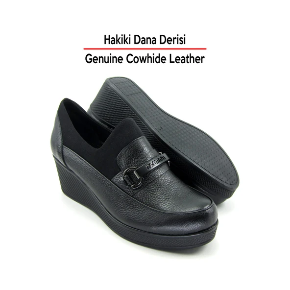 Erkan Saçmacı Catherine Siyah Hakiki Dana Derisi Dolgu Topuklu Streç Günlük Ayakkabı - Resim 4