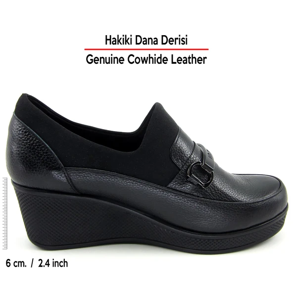 Erkan Saçmacı Catherine Siyah Hakiki Dana Derisi Dolgu Topuklu Streç Günlük Ayakkabı - Resim 2