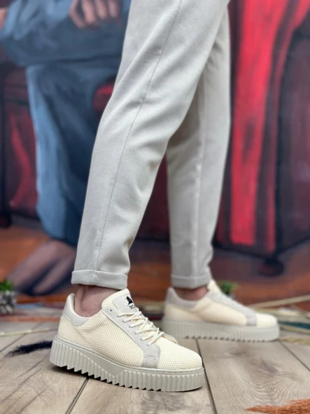 BA0803  Yüksek Taban Triko Krem Erkek Ayakkabı - Resim 3