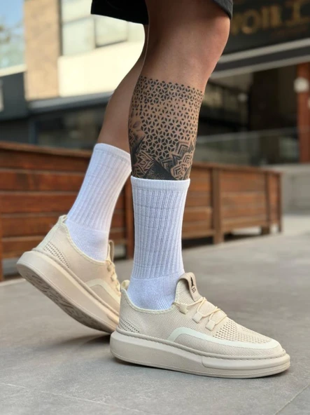 BA0375 Özel Örme Triko Tarz Krem Renk Spor Ayakkabı - Resim 2
