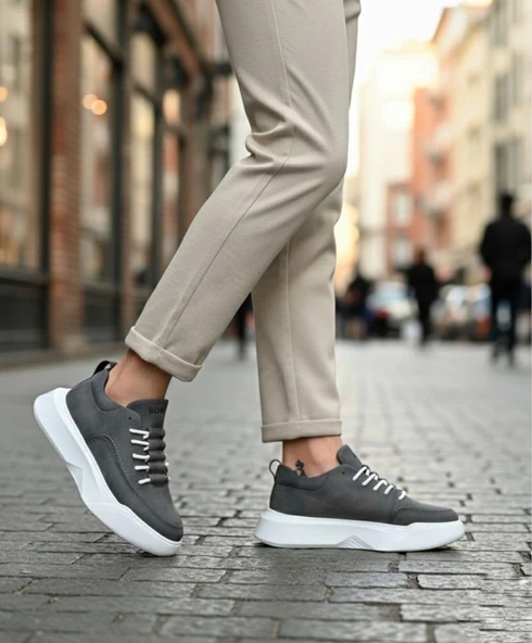 BA0332 Merdiven Desen Bağcıklı Erkek Yüksek Taban Antrasit Cilt Spor Ayakkabı ürün görseli