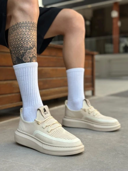 BA0375 Özel Örme Triko Tarz Krem Renk Spor Ayakkabı ürün görseli 1