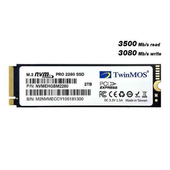 TWINMOS 2TB NVMe2TB2280AP 3500- 3080MB/s M2 PCIe NVMe Gen3 Disk - 3