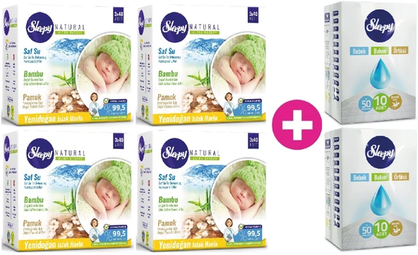 Sleepy Islak Havlu Mendil Pamuklu Yenidoğan Natural Bambu 40 Yaprak 12 Li Set+Bakım Örtüsü 2 Li Set - 1