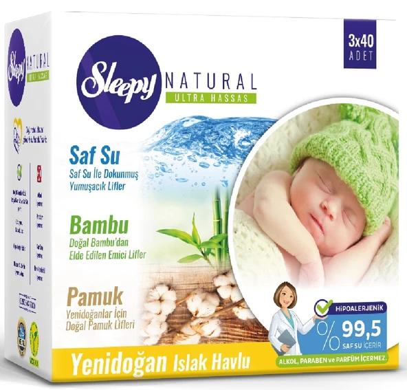 Sleepy Islak Havlu Mendil Pamuklu Yenidoğan Natural Bambu 40 Yaprak 12 Li Set+Bakım Örtüsü 2 Li Set - 2