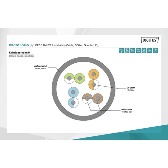 DIGITUS CAT6 Utp 23AWG Mor 500m Makara Saf Bakır Kablo 0.50mm DK-1613-VH-5 - Resim 3