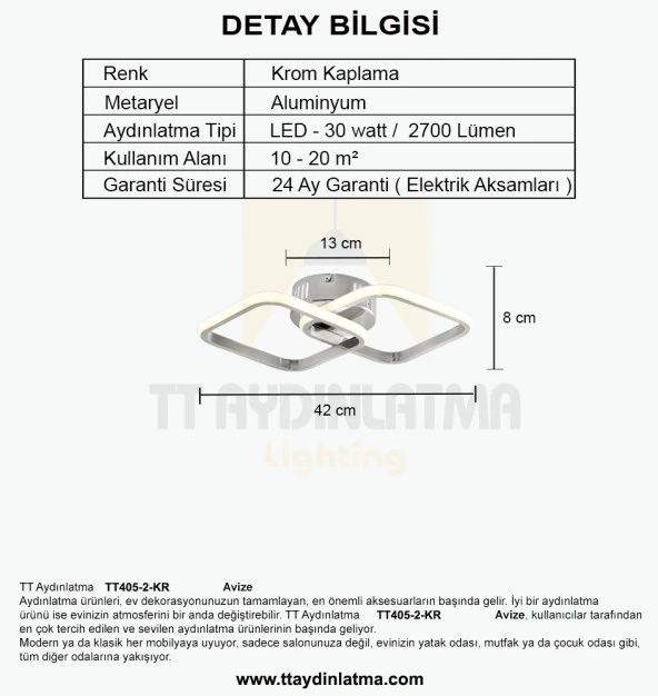 TT Aydınlatma TT405-2-KR  Krom Kaplama 2 li Kare Led Avize - 4
